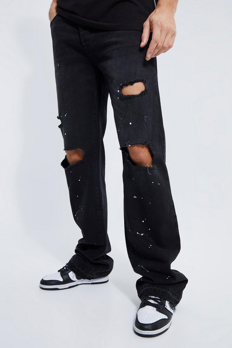 Jeans Tall rilassati a zampa con schizzi di colore e strappi, Washed black image number 1