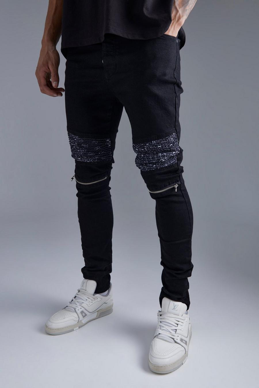 True black Tall Stretch Bandana Print Skinny Biker Jeans image number 1