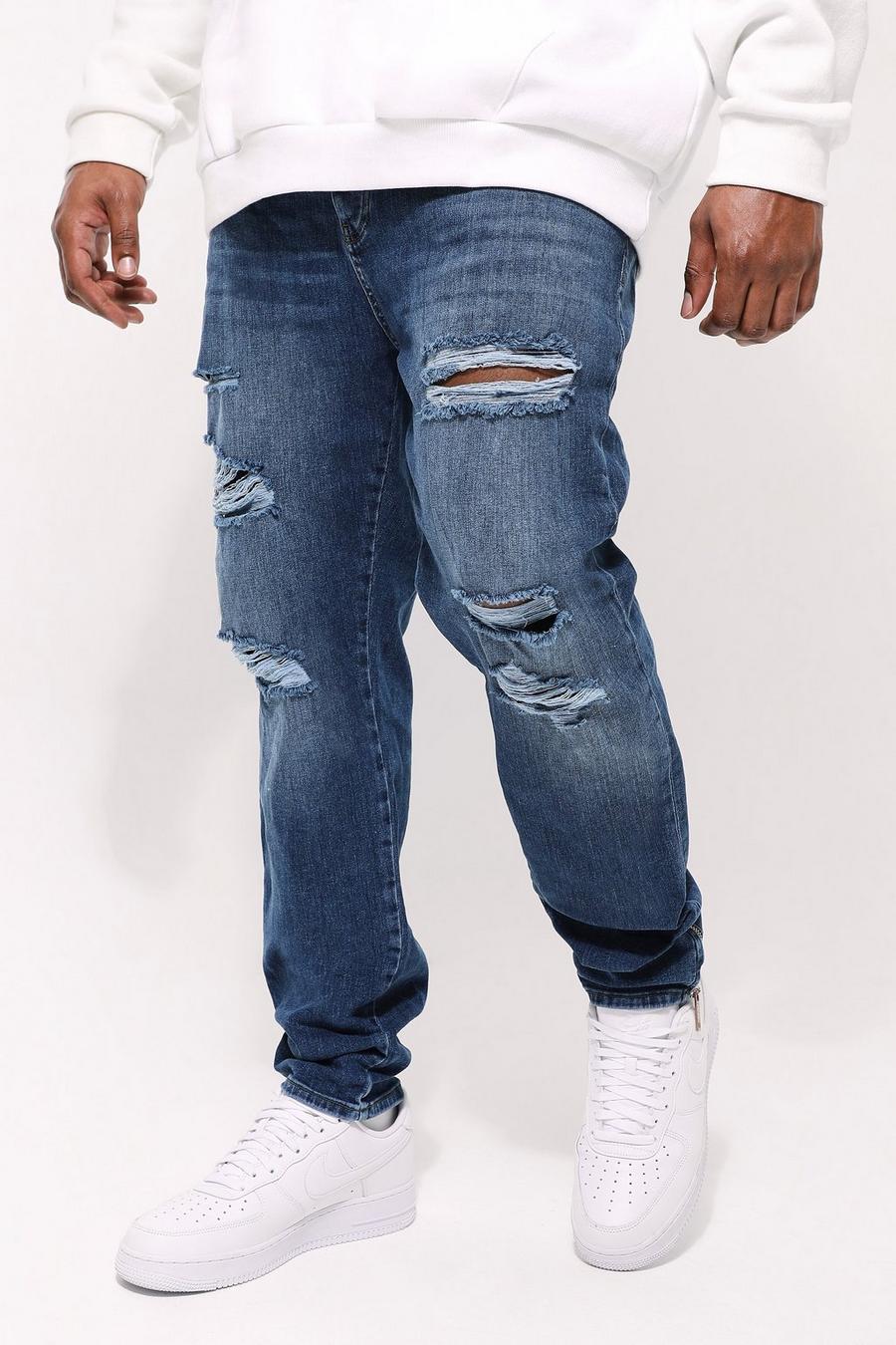 Plus Skinny Stretch Jeans mit Rissen und Reißverschluss-Saum, Mid blue