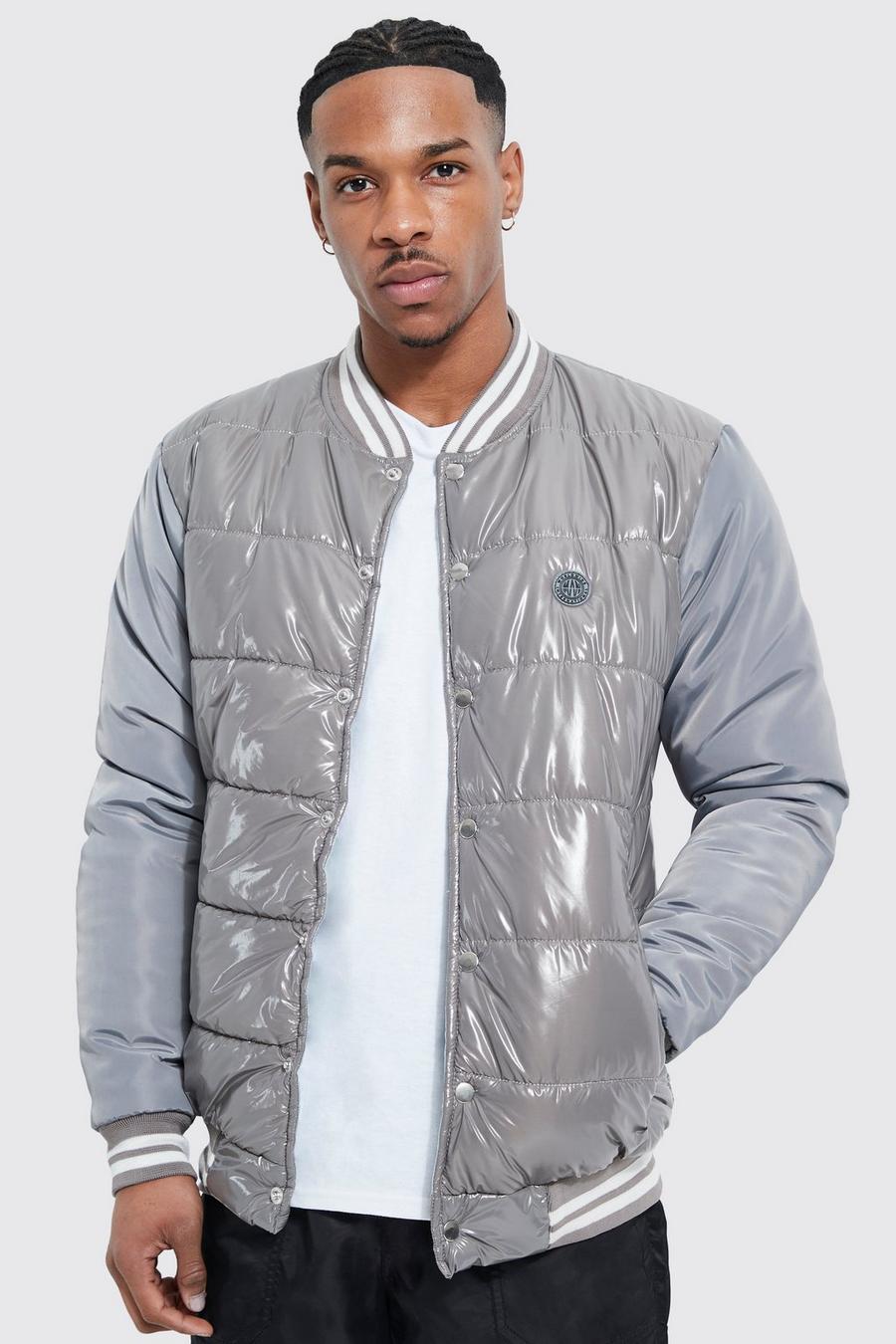 Grey High Shine Quilted Varsity Bomber image number 1
