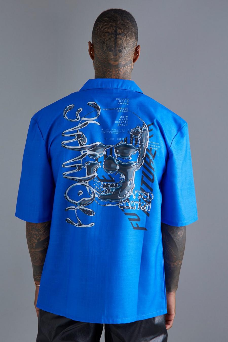 Cobalt blue Dropped Revere Graphic Slub Shirt 