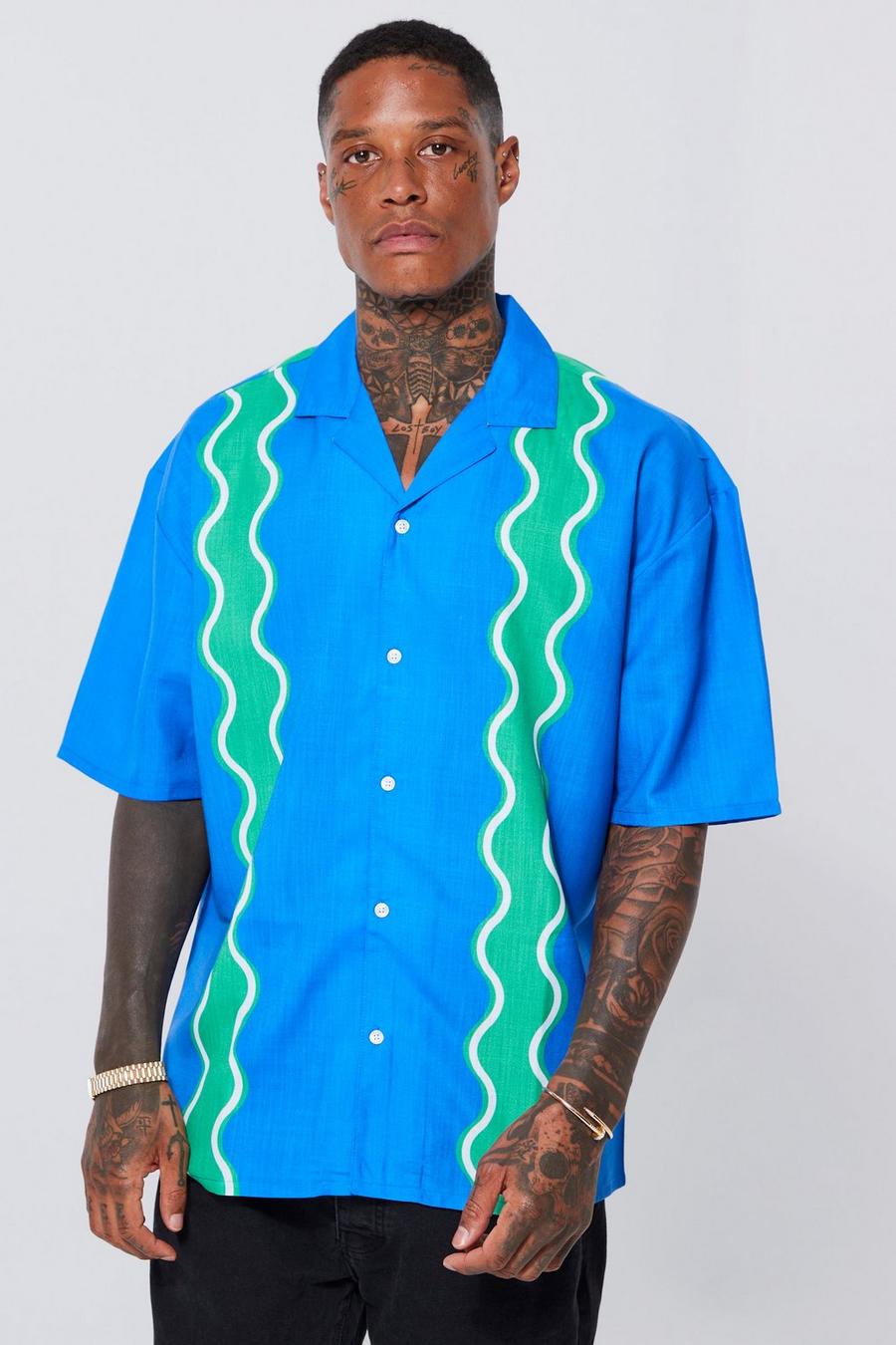 Oversized Boxy Wavy Border Slub Shirt, Cobalt azzurro