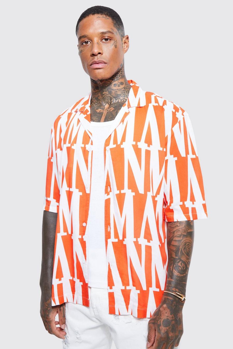 Orange Dropped Revere Viscose Branded Shirt image number 1
