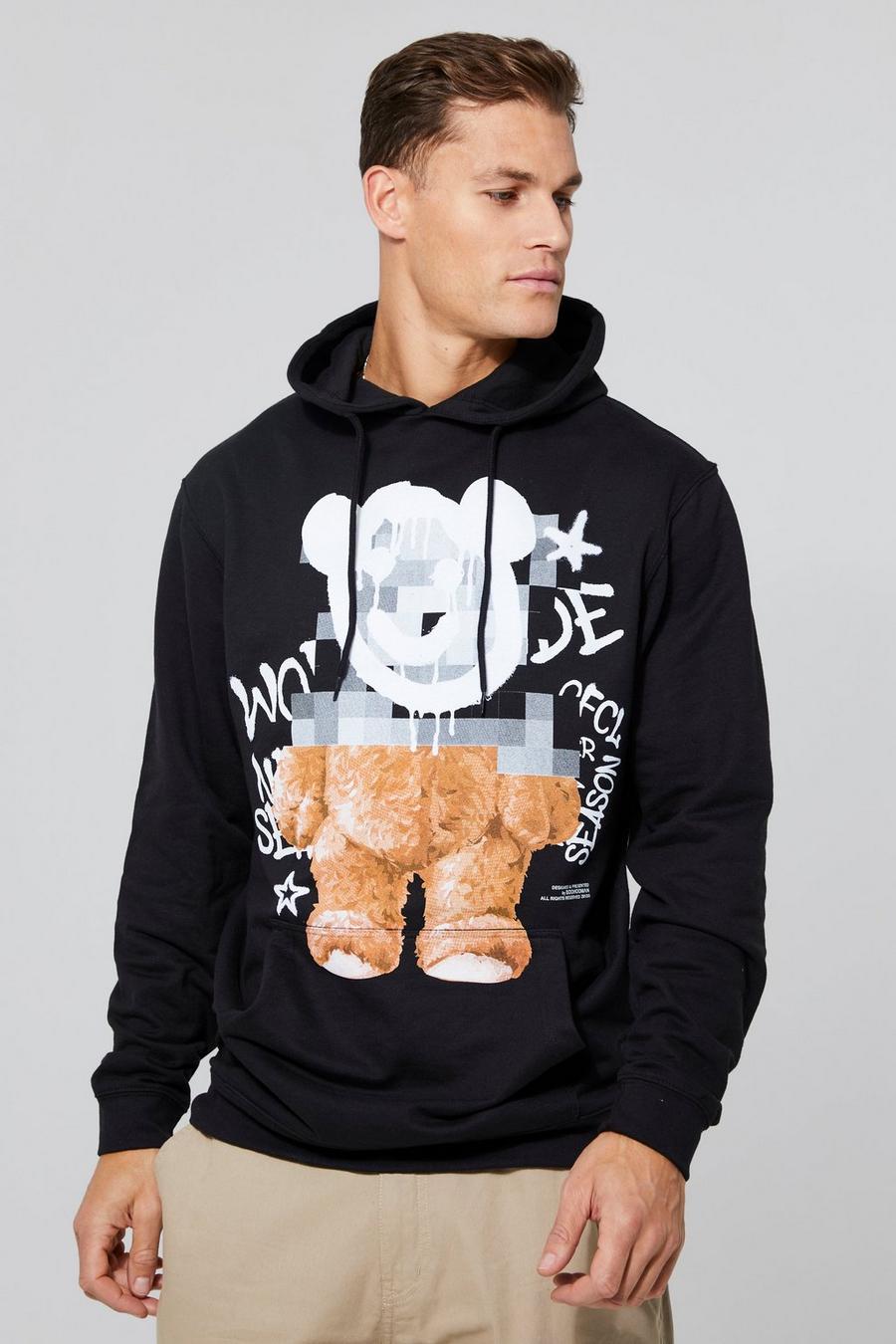 Black Tall Pixilated Teddy Graphic Hoodie image number 1