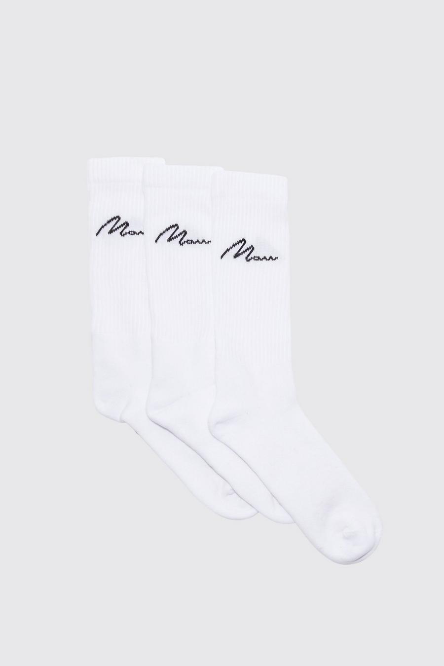 3 Pack Man Script Sport Socks, White blanco