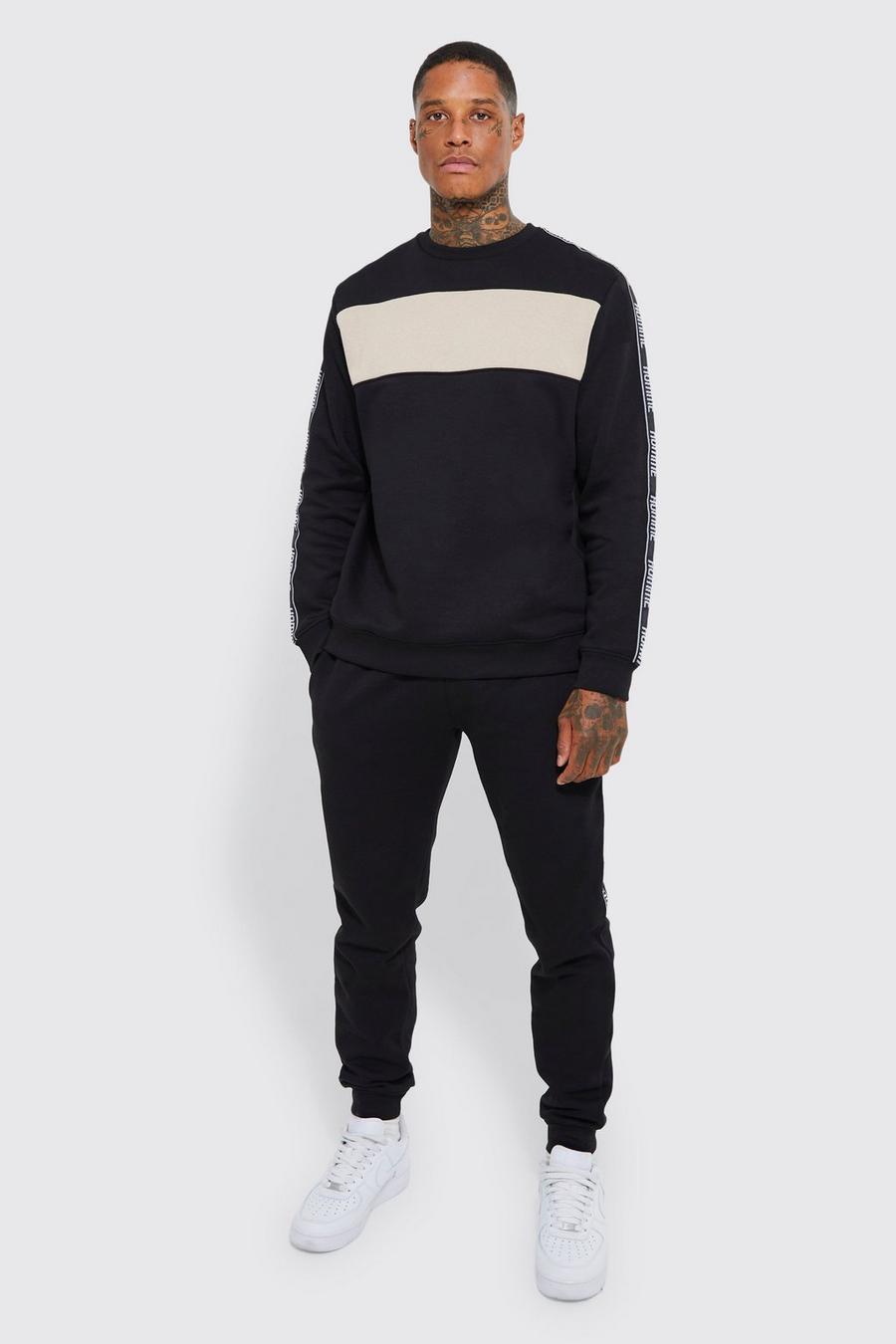 Homme Colour Block Tape Sweatshirt Tracksuit, Black negro