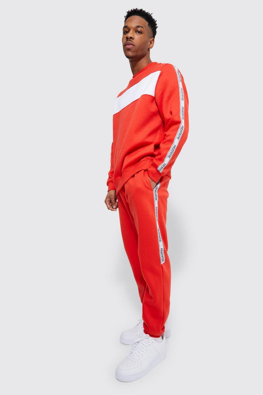 Homme Colour Block Tape Sweatshirt Tracksuit, Red image number 1