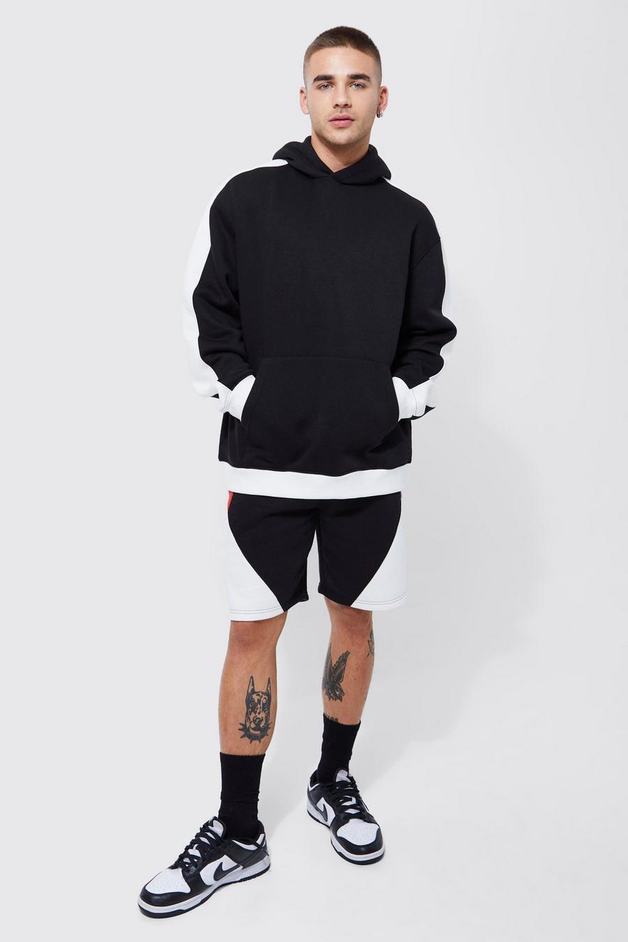 Black Oversize hoodie och shorts med blockfärger image number 1