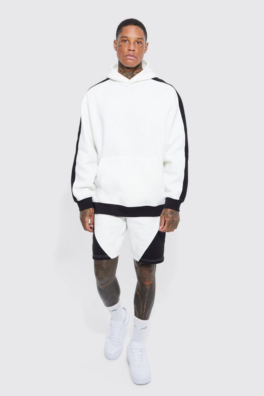 Kurzer Oversize Colorblock Trainingsanzug mit Kapuze, Ecru weiß