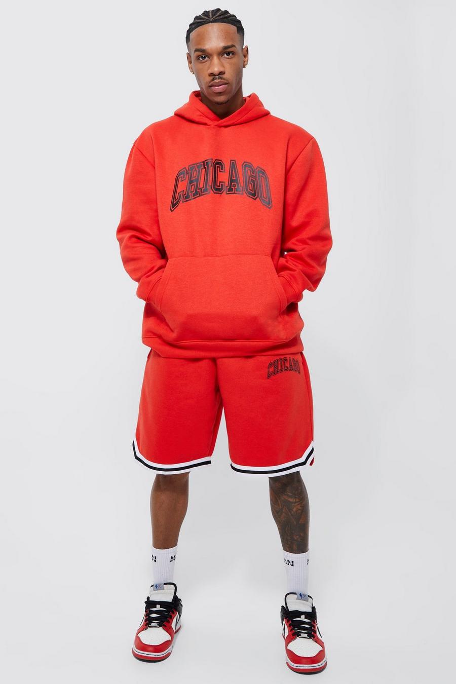 Red rot Oversized Chicago Tape Hooded Short Tracksuit image number 1