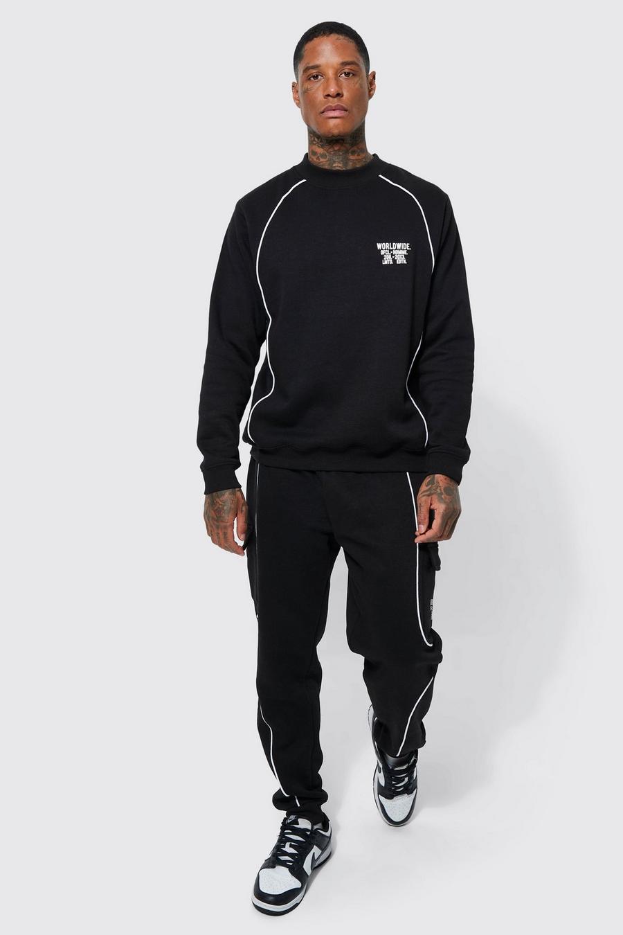 Black Extended Neck Piping Sweatshirt Tracksuit
