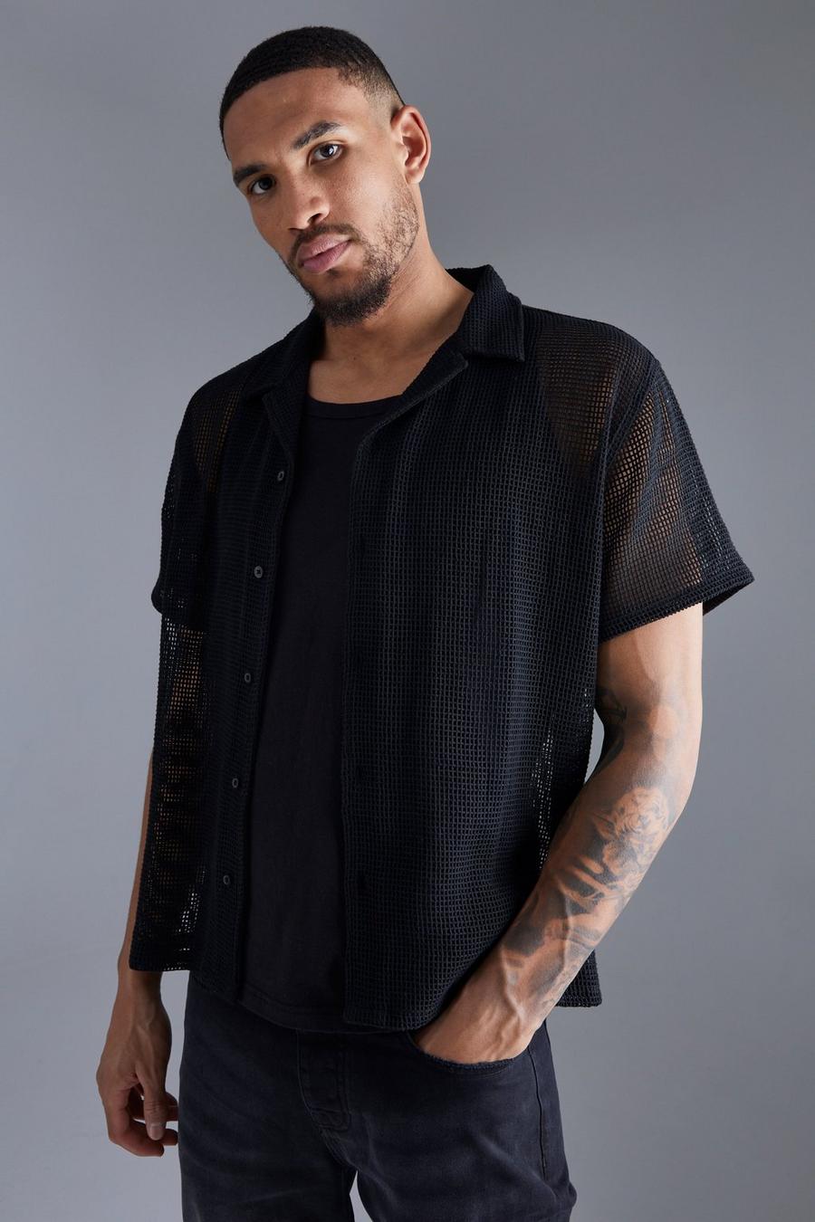 Black Tall Short Sleeve Boxy Open Weave Shirt image number 1