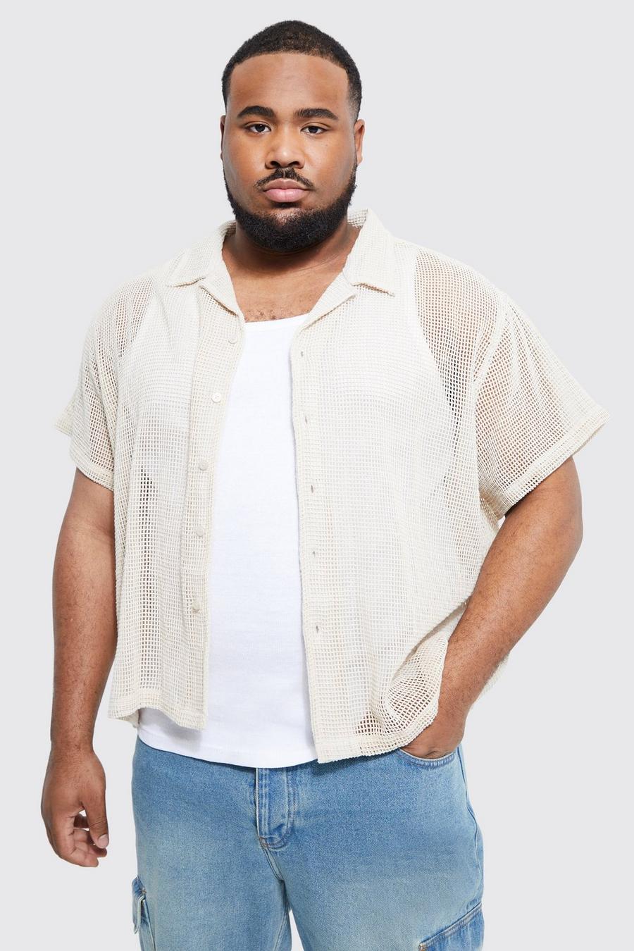 Ecru white Plus Short Sleeve Boxy Open Weave Shirt