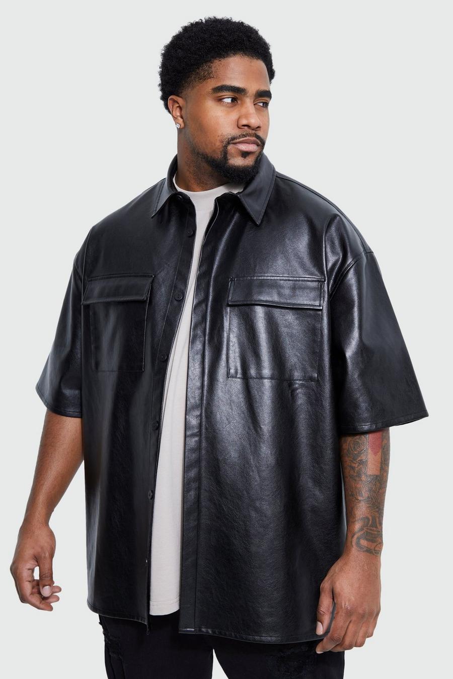 Black Plus Short Sleeve Boxy Oversized Pu Shirt 