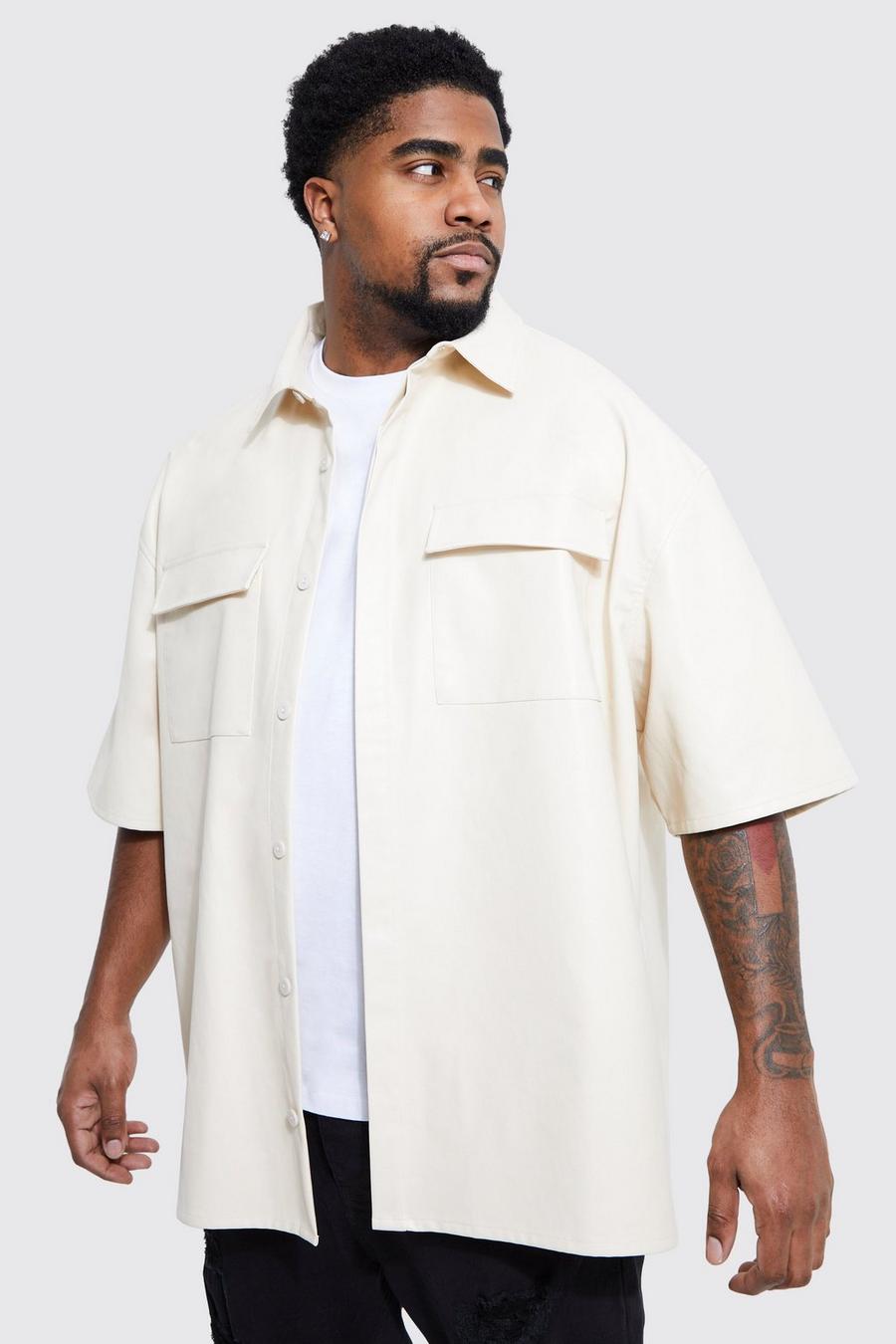 Light beige Plus Short Sleeve Boxy Oversized Pu Shirt   image number 1