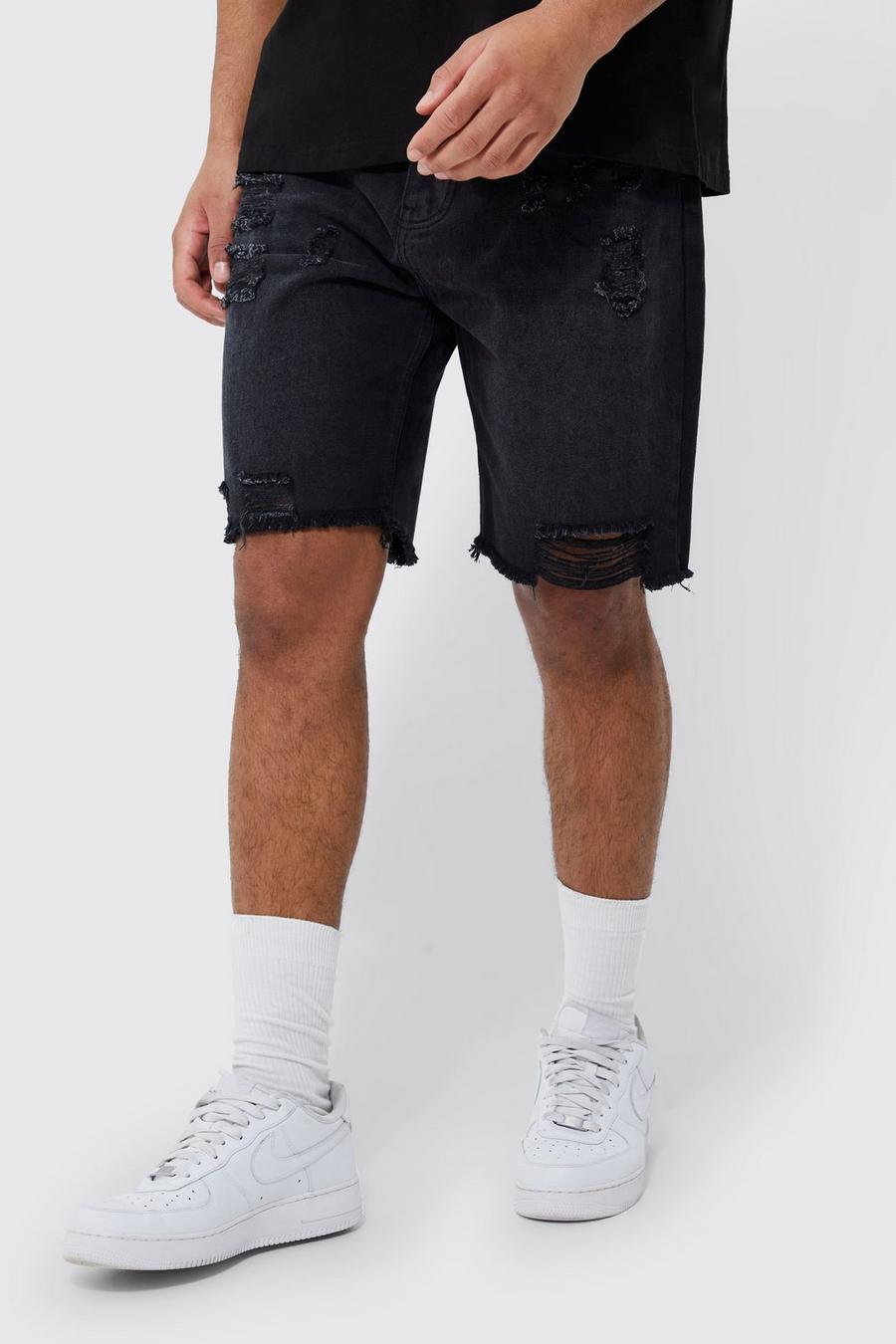 Tall - Short rigide en jean à déchirures, Washed black image number 1