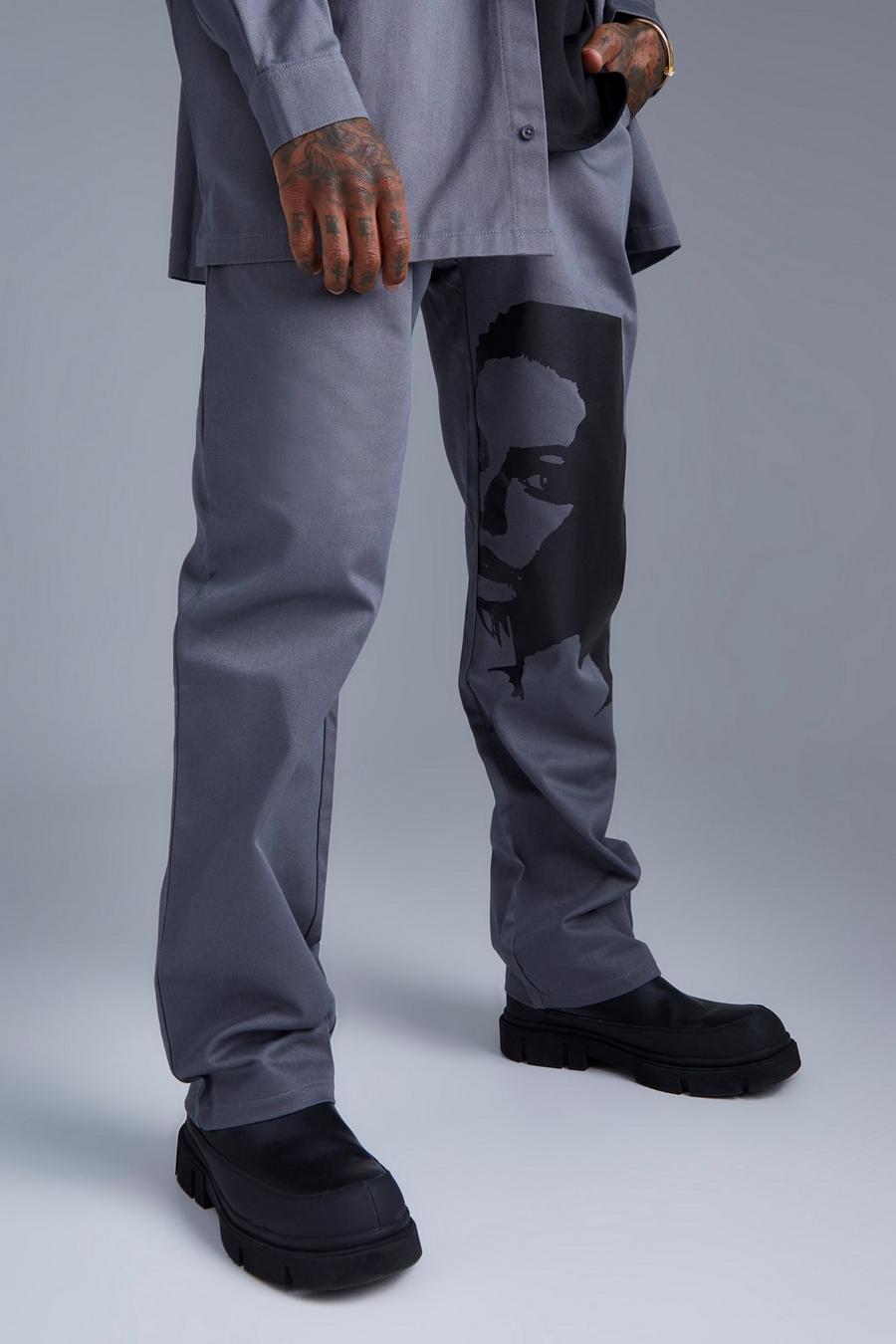 Grey Fixed Waist Relaxed Face Print Trouser