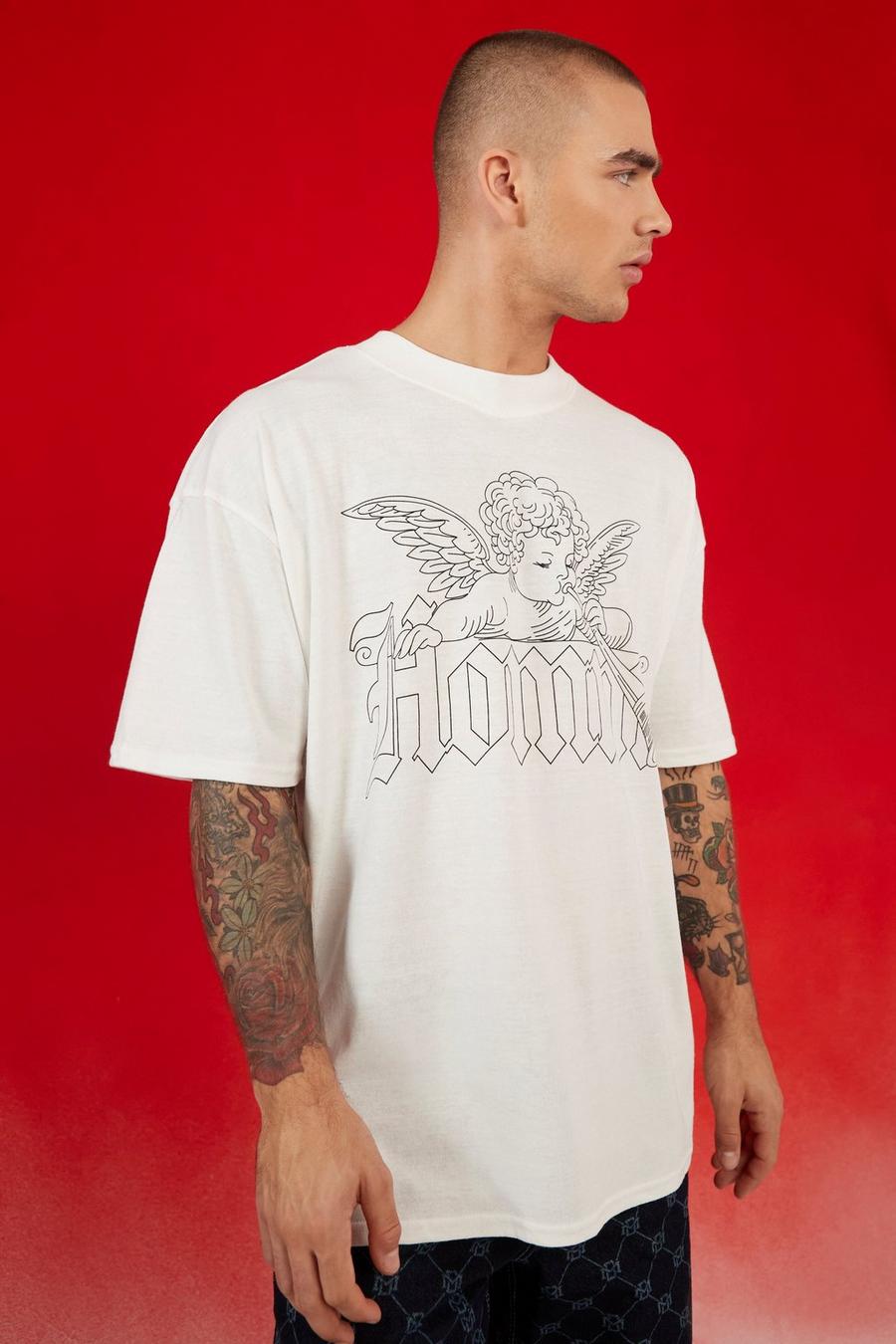 T-shirt oversize con stampa di angelo e girocollo esteso, White image number 1