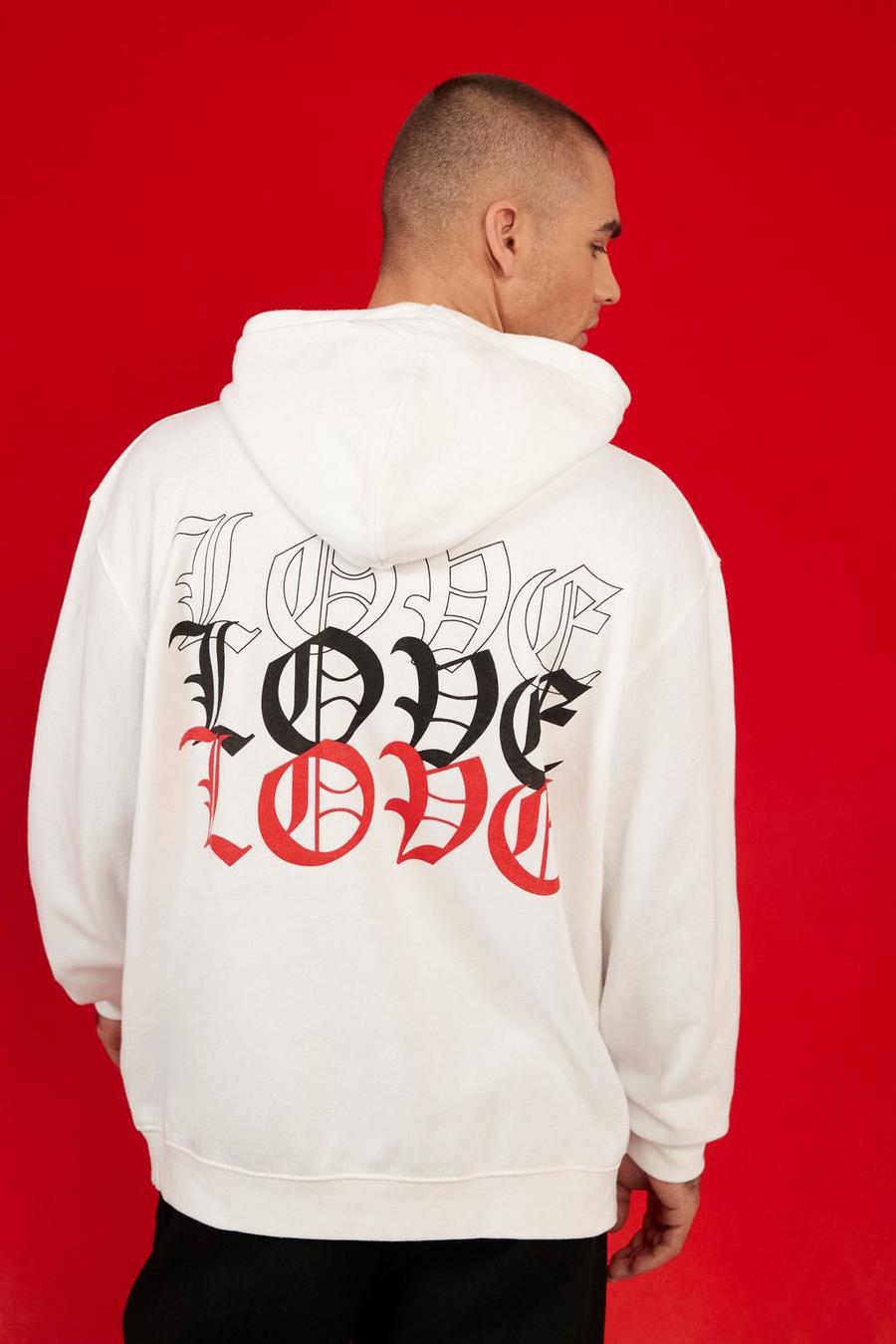 White Oversized Love Text Print Hoodie image number 1