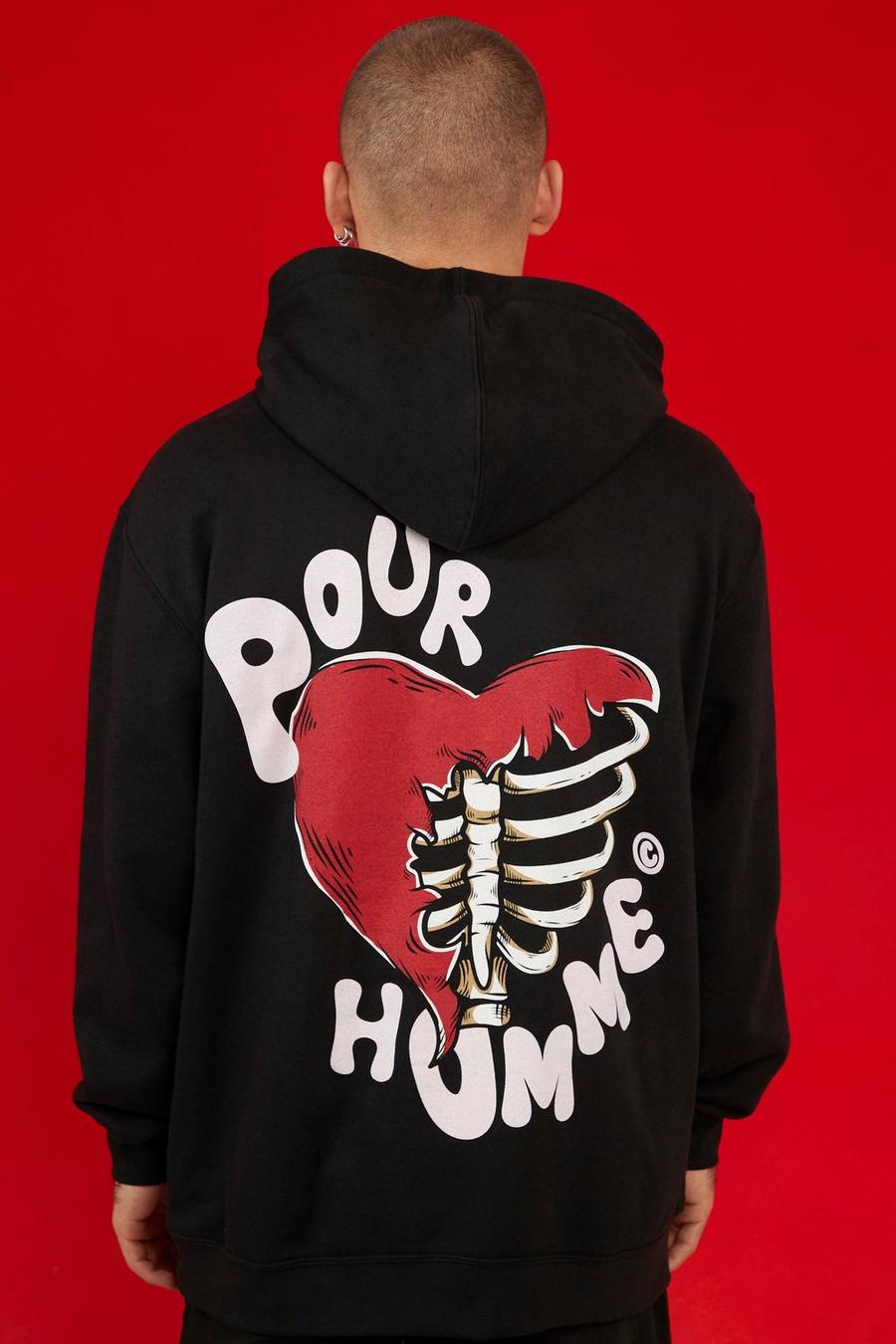 Black Oversized Skeleton Heart Graphic Hoodie image number 1