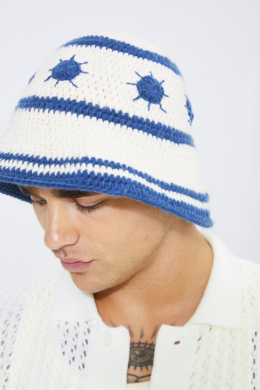 Ecru white Patterned Crochet Bucket Hat