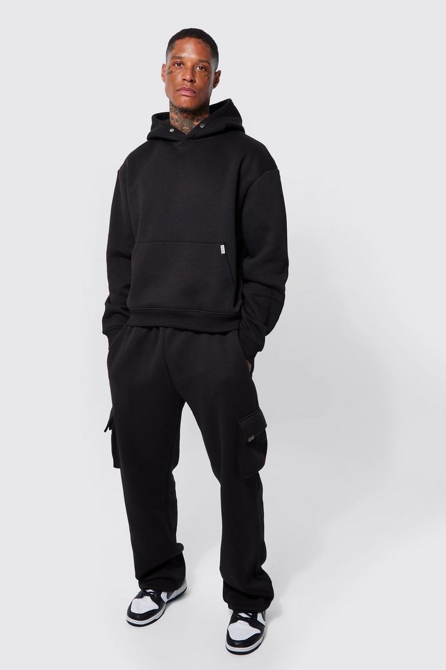 Black Oversized Boxy Hoodie And Cargo Trouser Set 