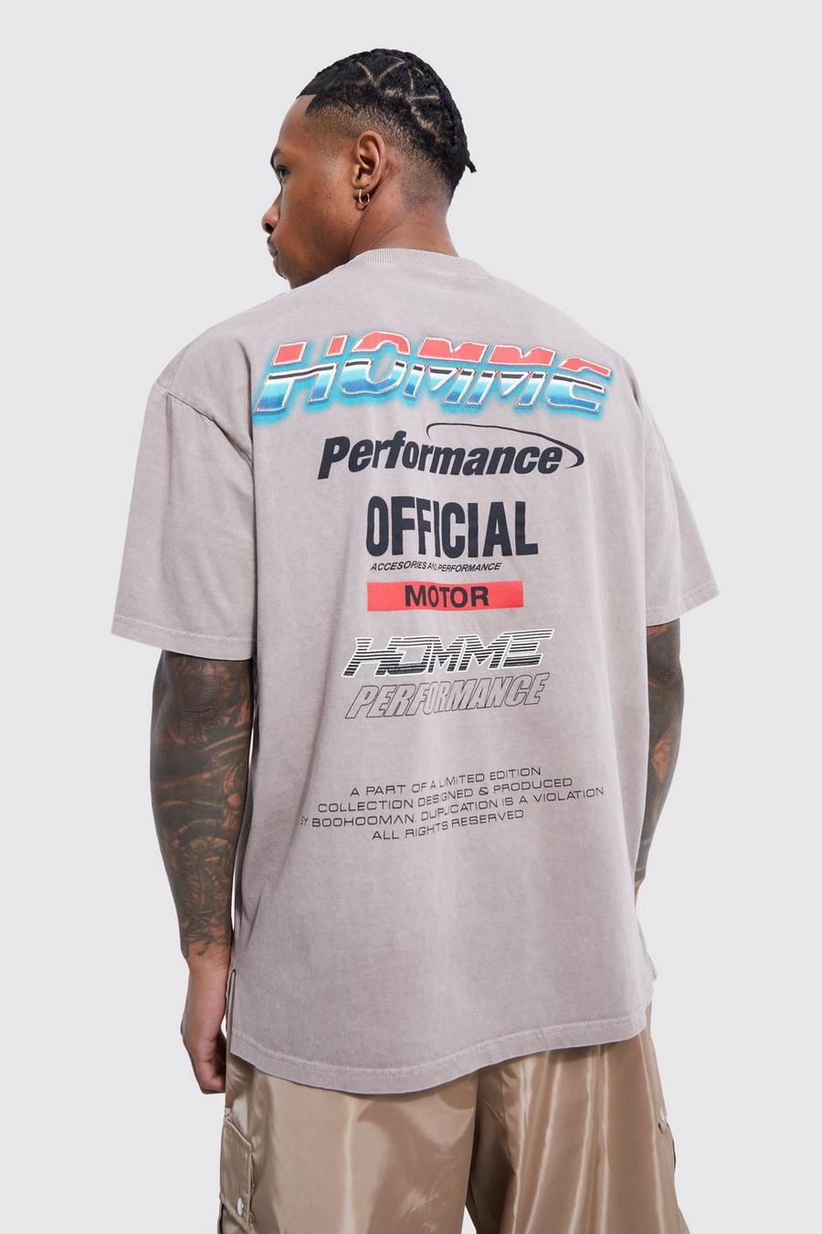 Oversize T-Shirt mit Motor Sport Print und Acid-Waschung, Taupe