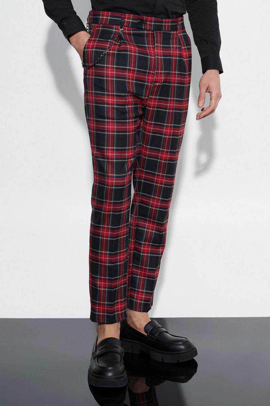 Black Tapered Tartan Trousers With Chain image number 1