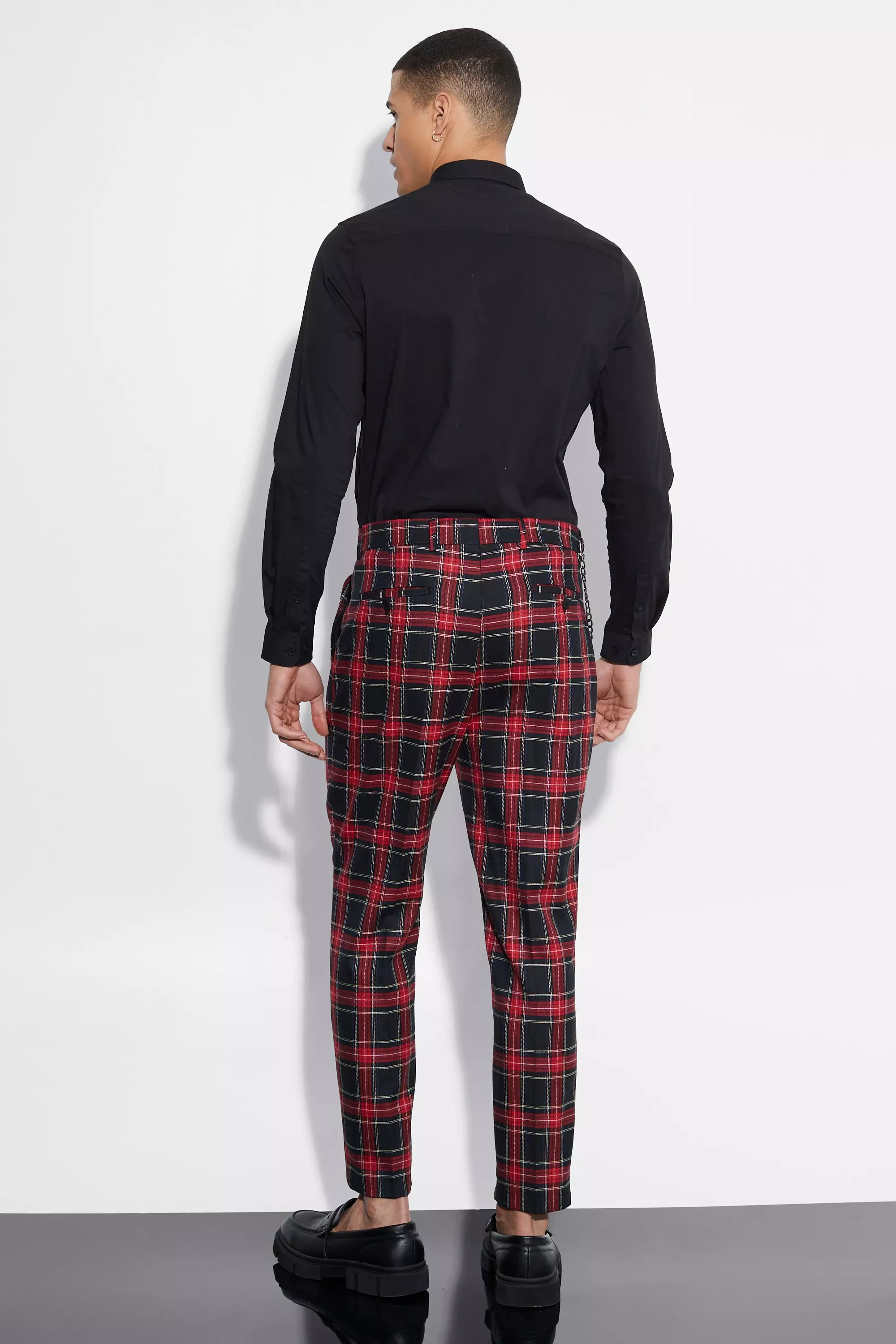 Red and black hot sale tartan trousers men's