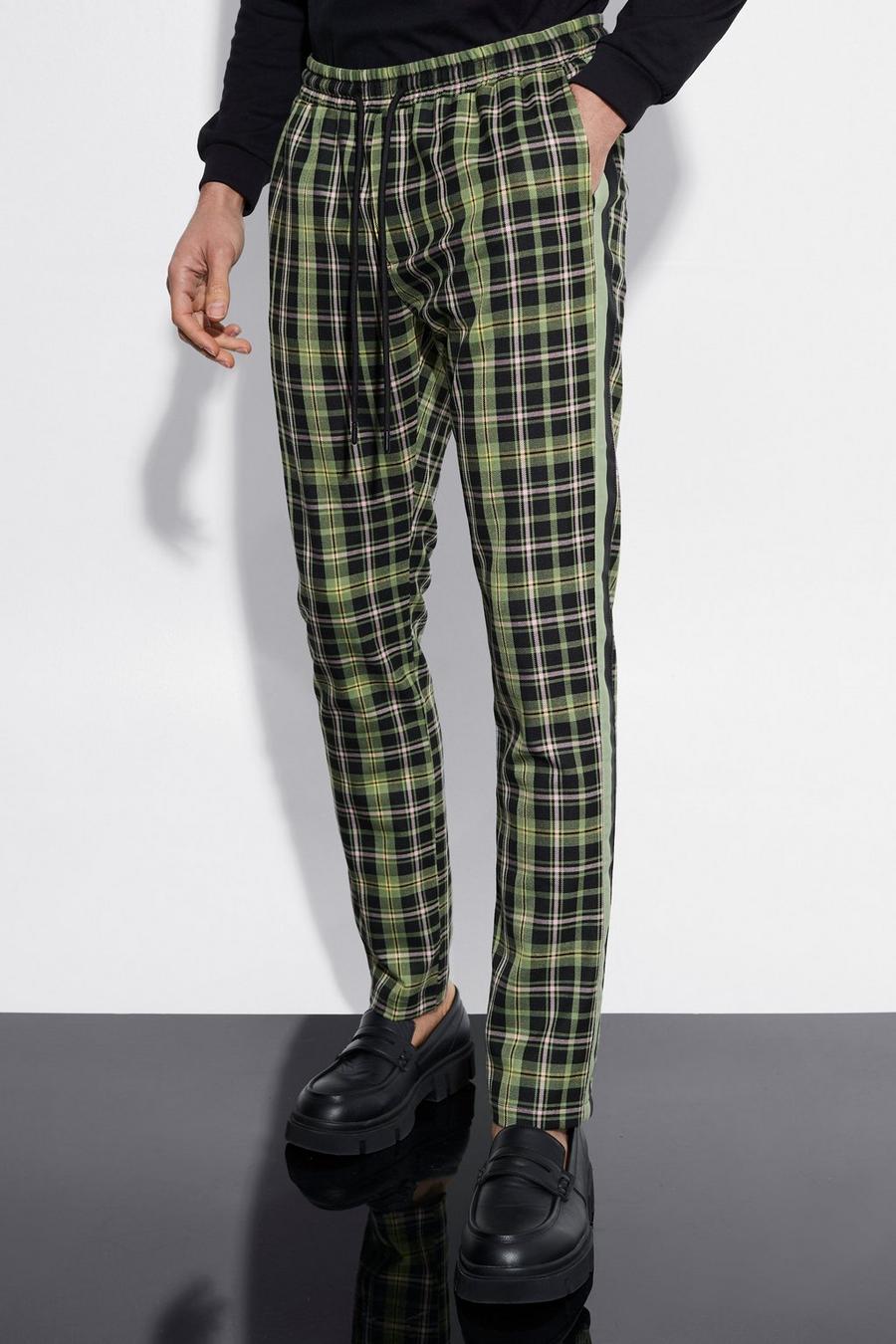 Green Elasticated Skinny Side Tape Check Trousers
