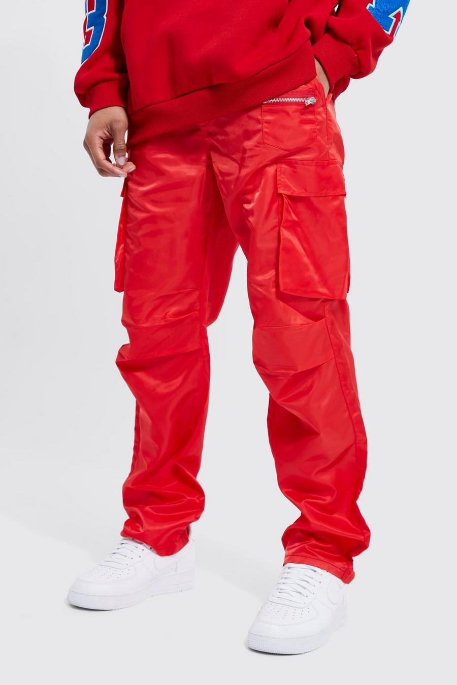 Red Elastic Waist Straight Leg Zip Cargo Trouser  image number 1