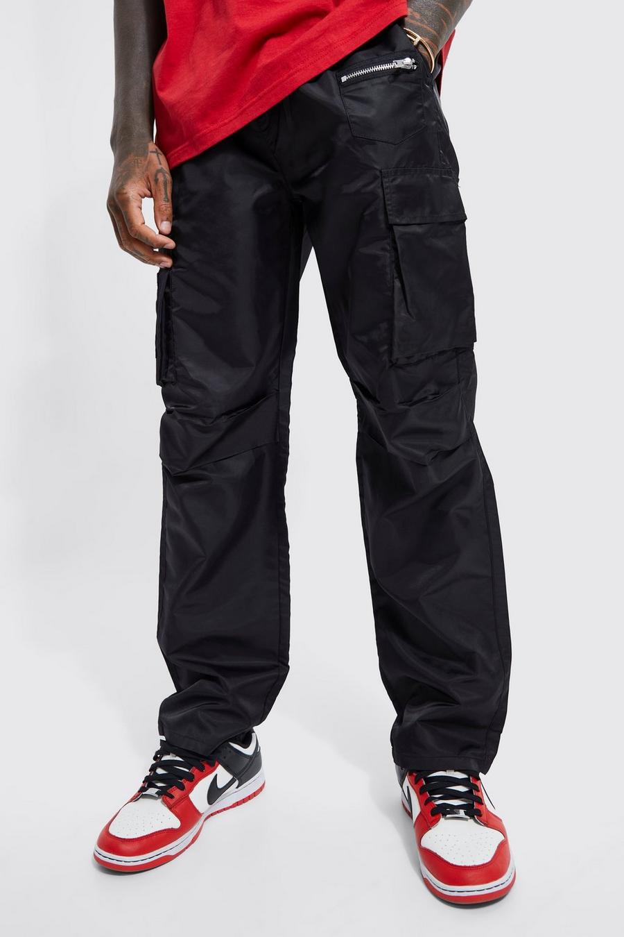 Black Elastic Waist Straight Leg Zip Cargo Trouser image number 1