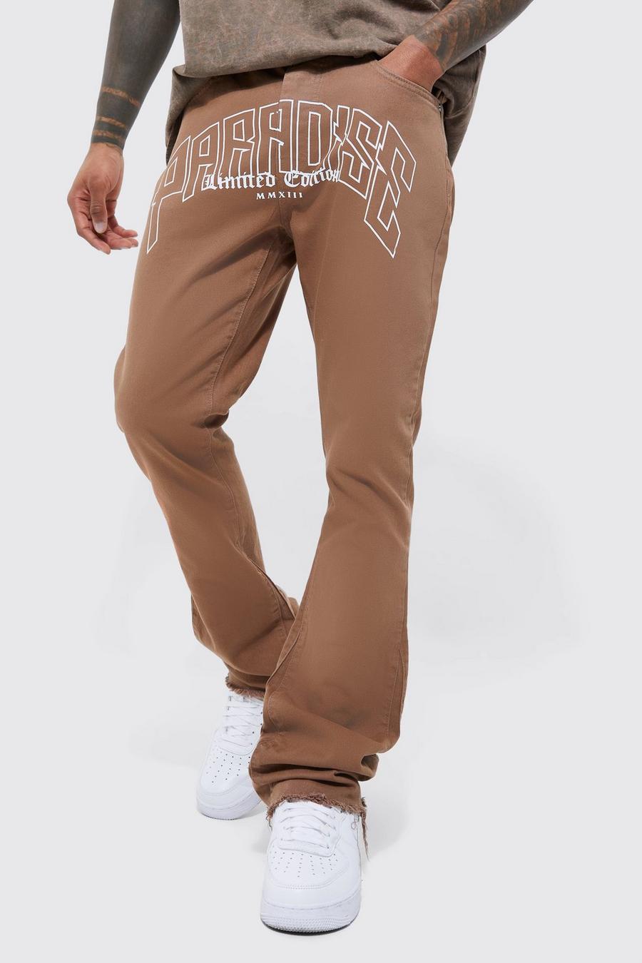 Brown Slim Rigid Flare Panel Slogan Print Jeans image number 1