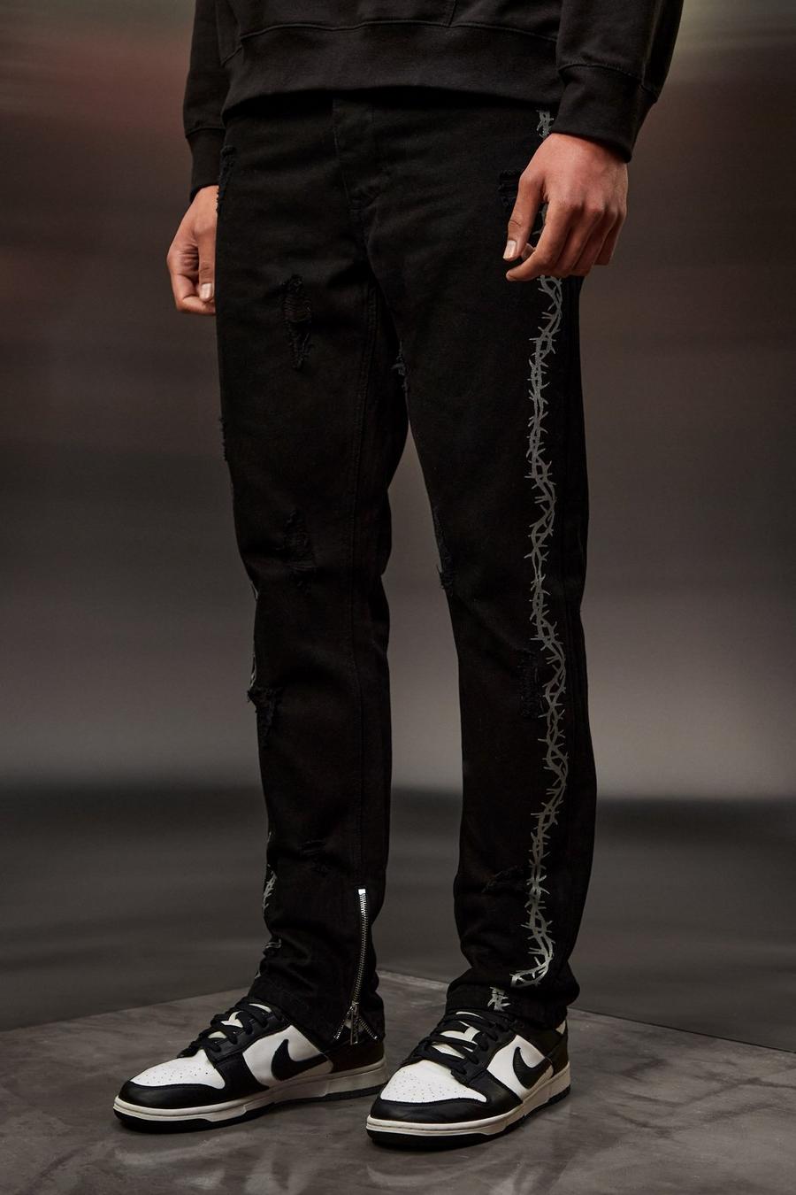 True black Slim Rigid Barbwire Print Rip & Repair Jeans image number 1