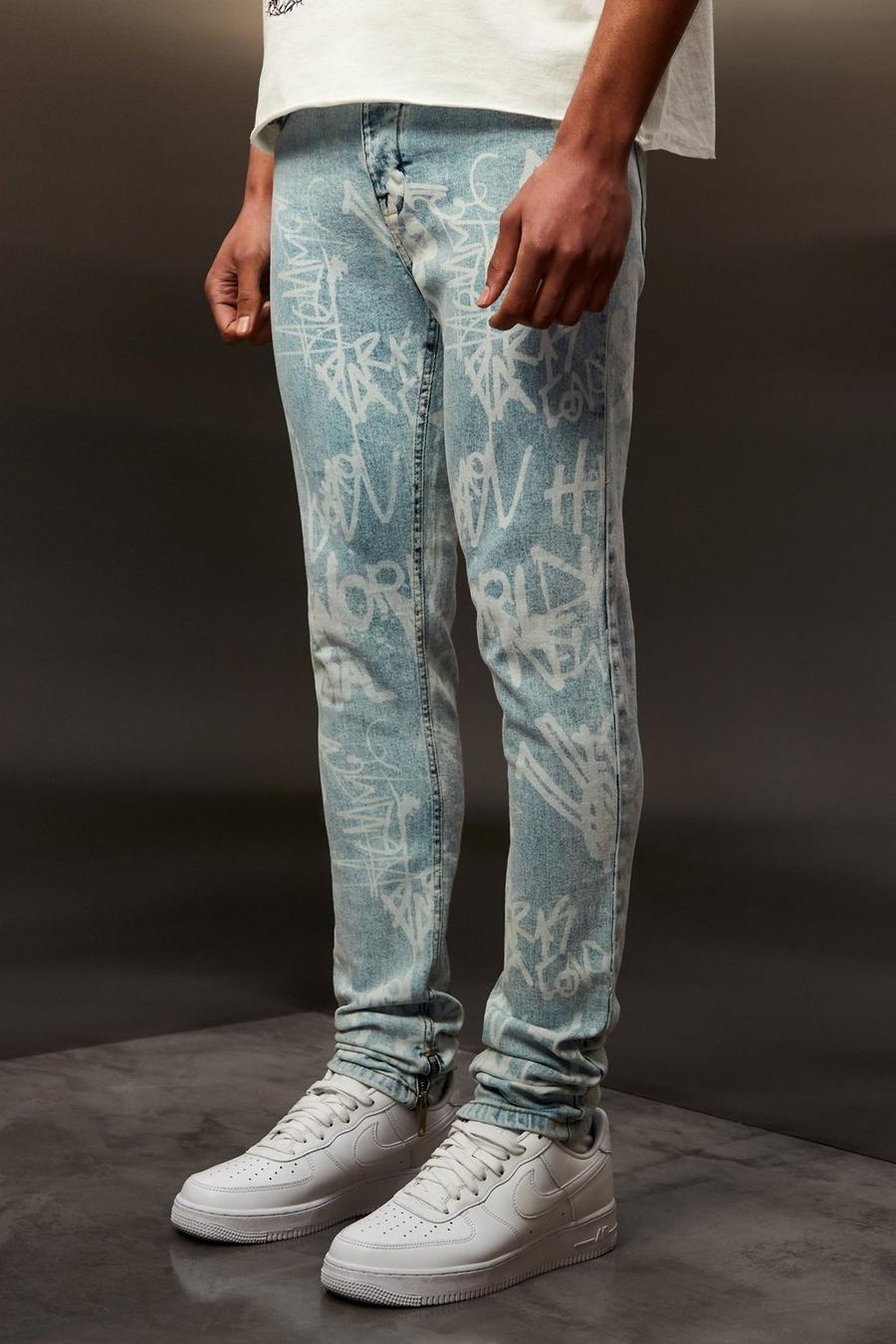 Ice blue Skinny Stretch Stacked Graffiti Print Jeans image number 1