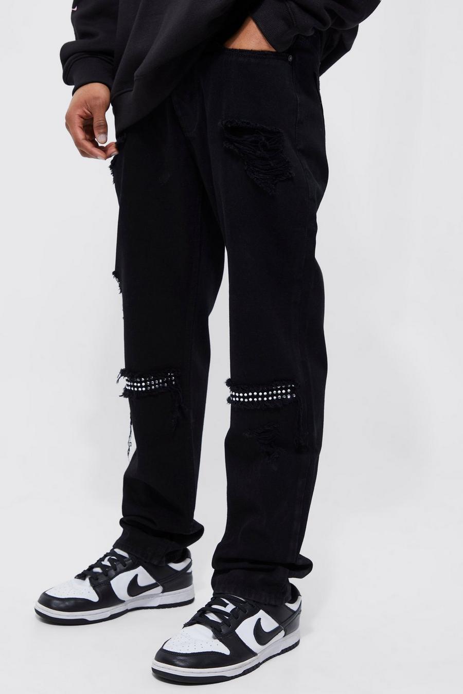 True black Straight Rip & Repair Rhinestone Detail Jeans image number 1