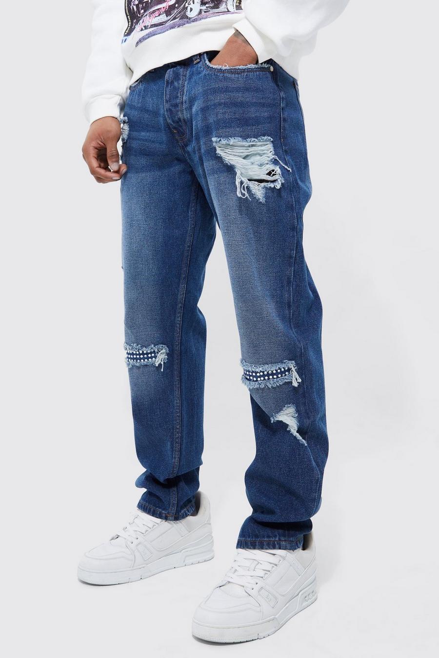 Mid blue Straight Rip & Repair Rhinestone Detail Jeans image number 1