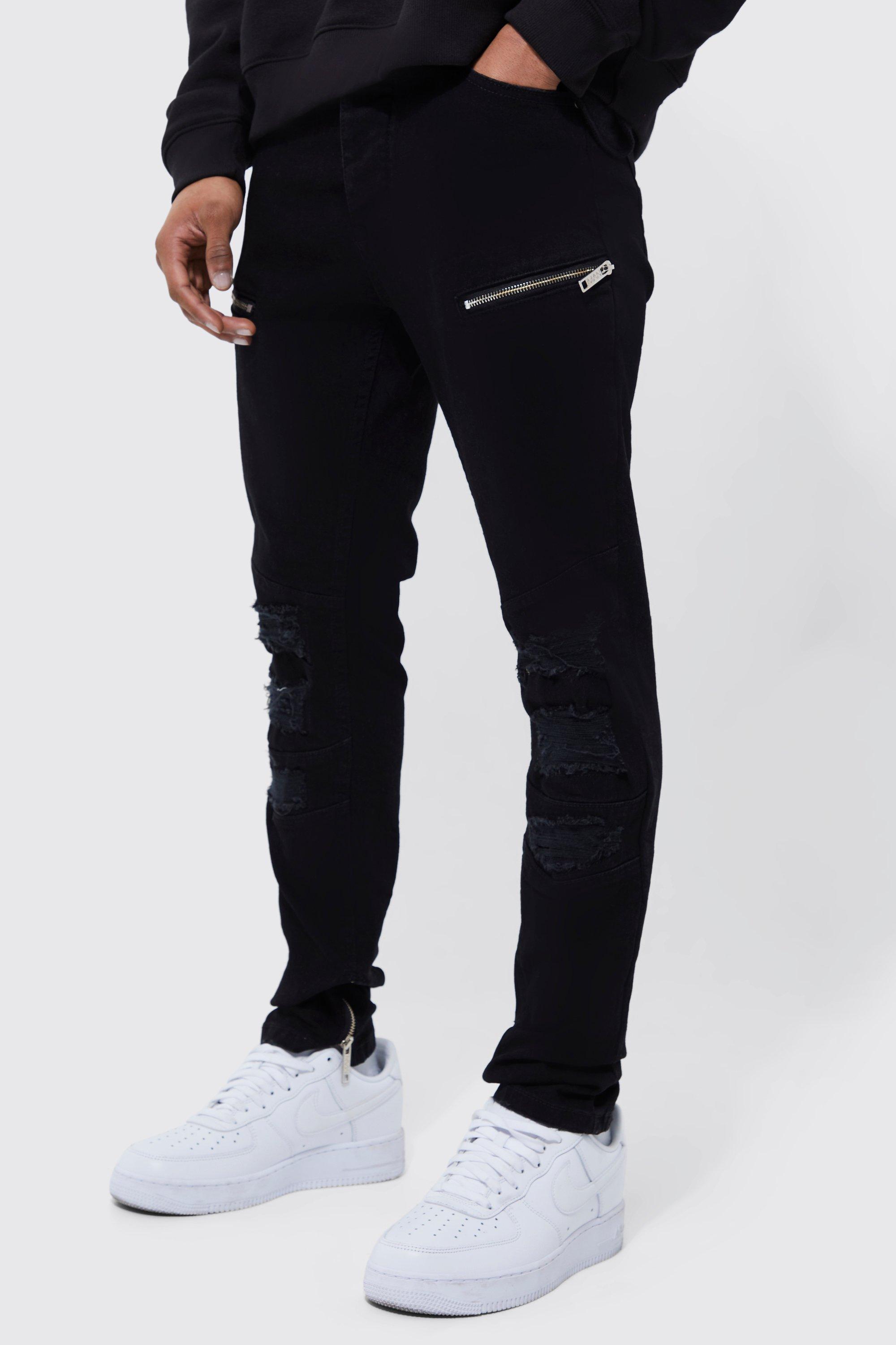 Skinny Stretch Ripped Biker Jeans With Zips