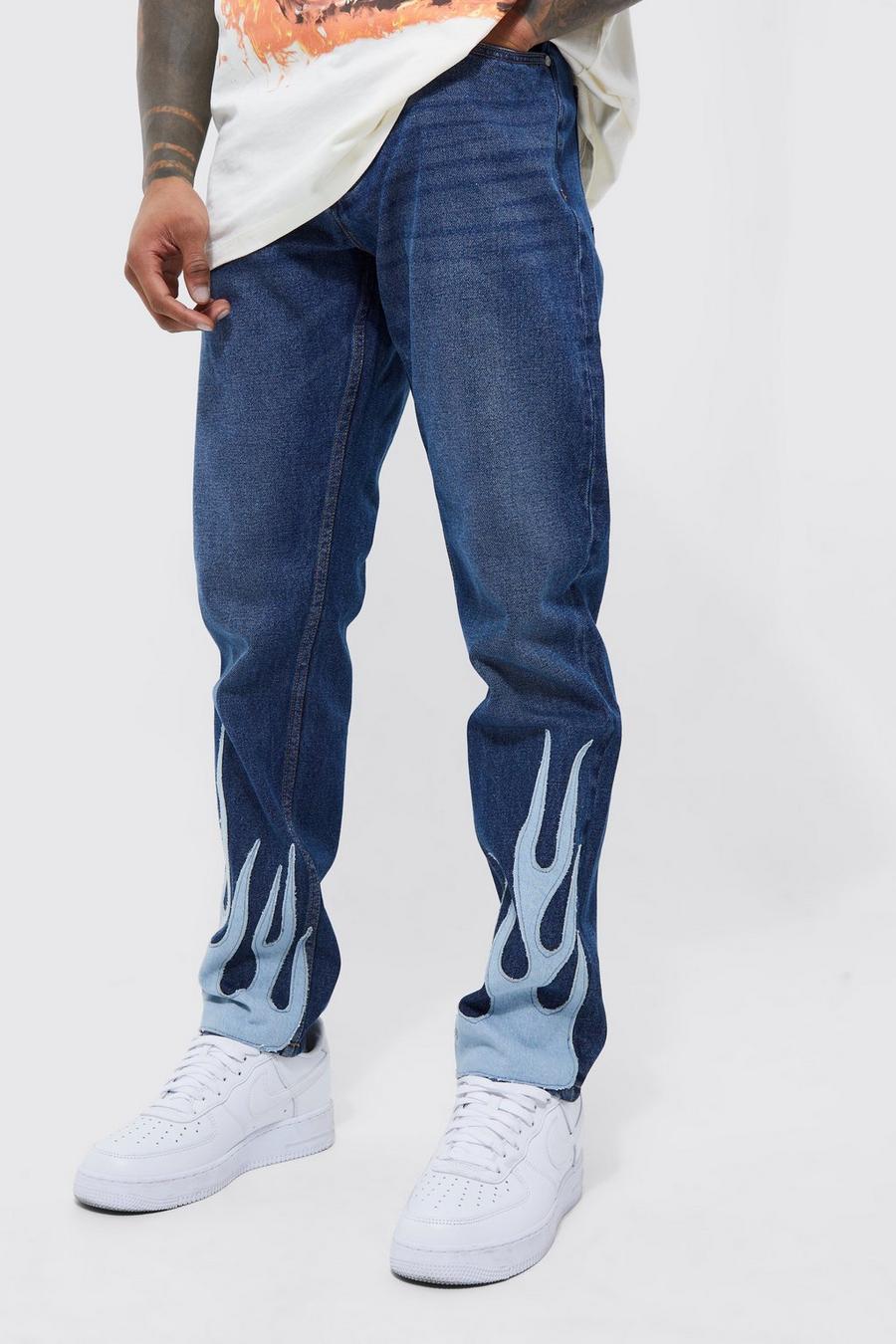 Mid blue Slim Rigid Flame Applique Jeans