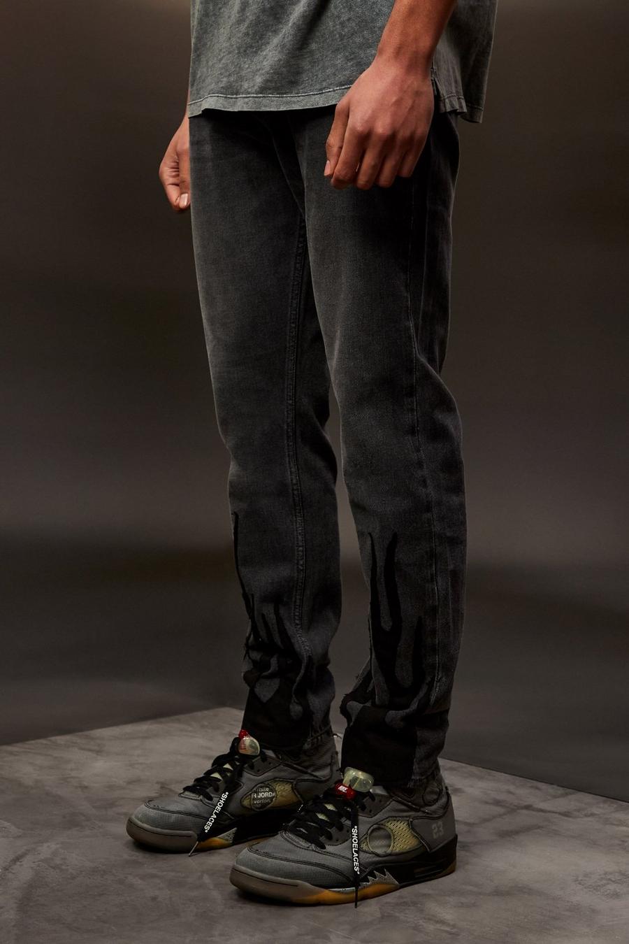 Slim Rigid Flame Applique Jeans, Mid grey image number 1