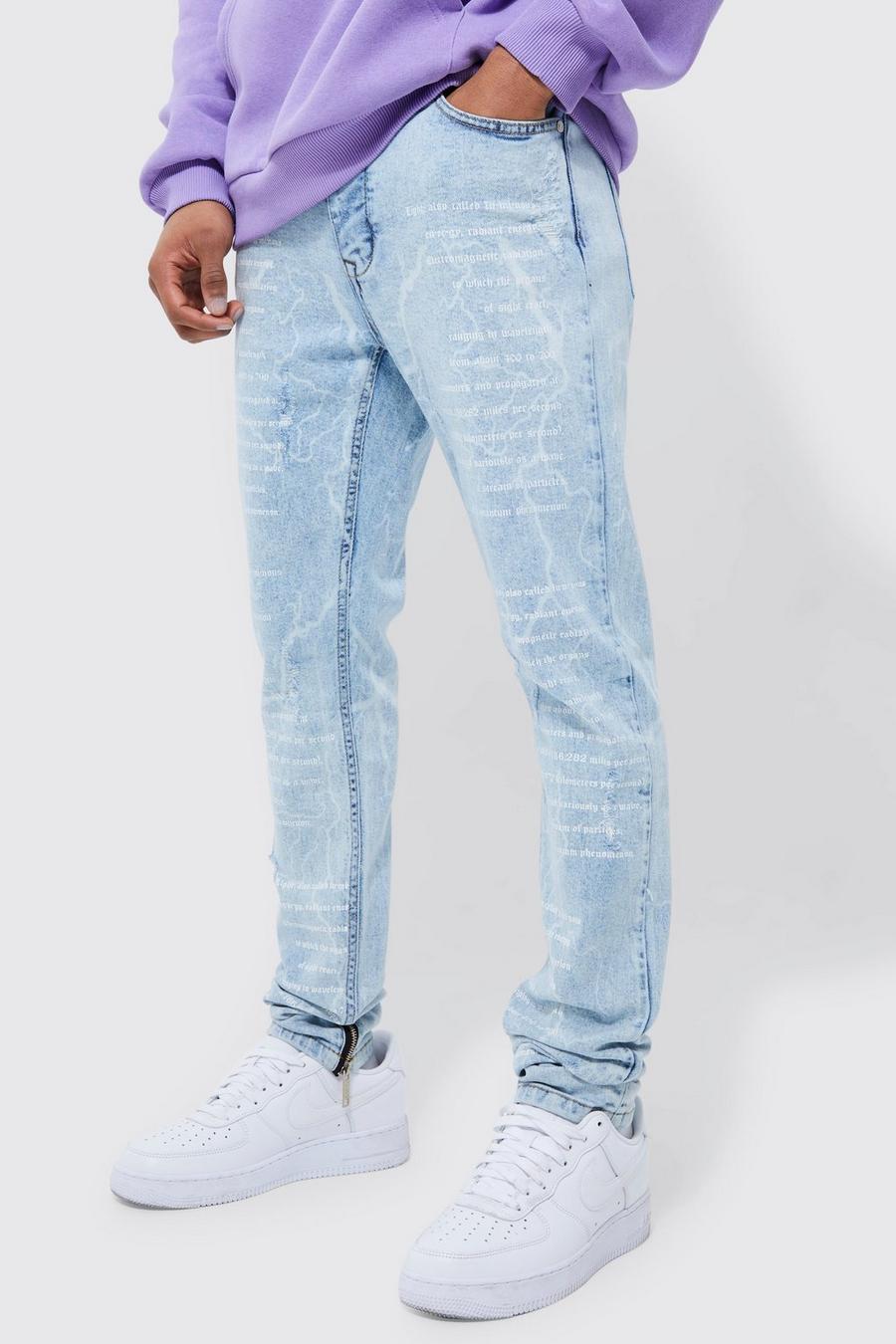 Ice blue Skinny Stretch Stacked Text Detail Jeans image number 1