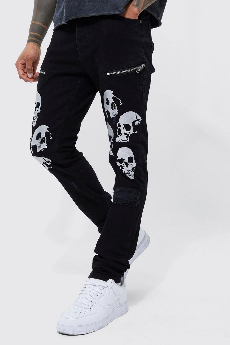 True black Skinny Stacked Chrome Skull Print Jeans image number 1