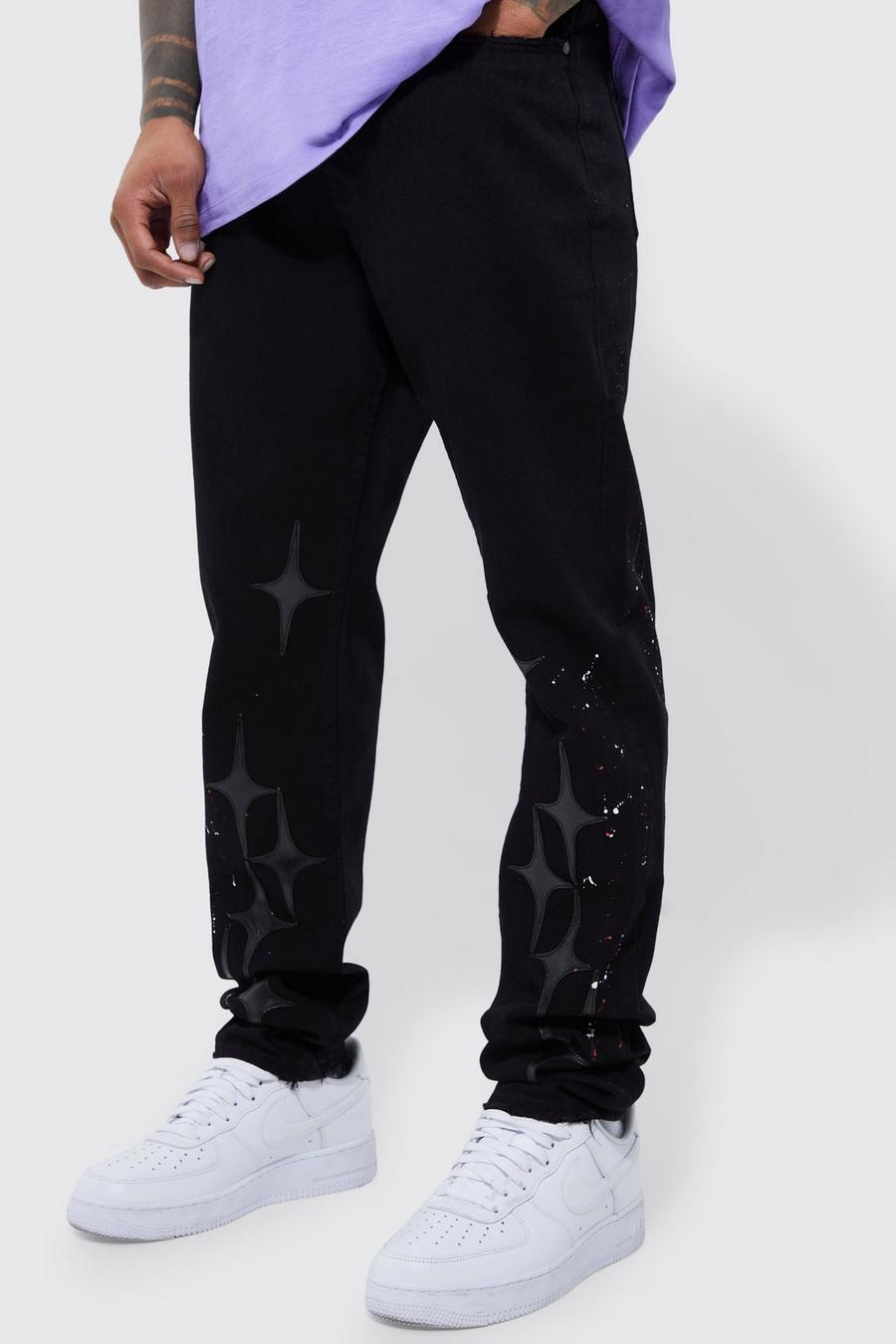 Jeans Slim Fit in PU con applique a stella, True black image number 1