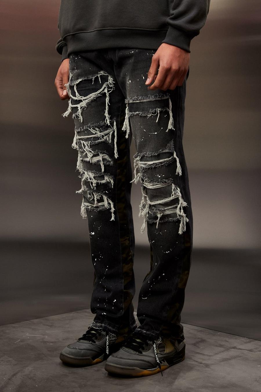 Mid grey Slim Rigid Camo Panelled Ripped Jeans image number 1