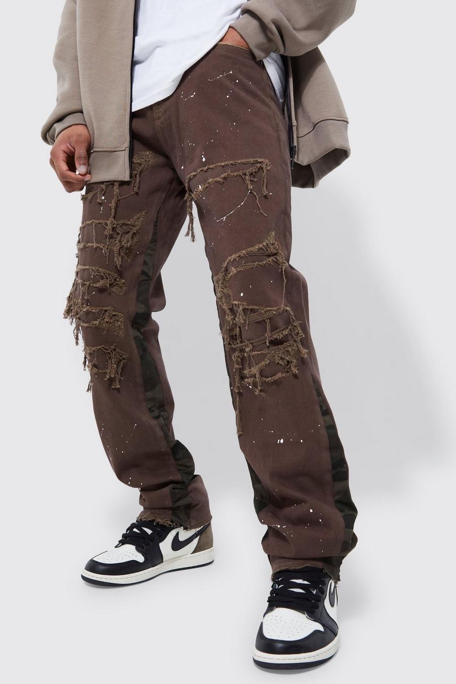Brown Slim Rigid Camo Panelled Ripped Jeans image number 1