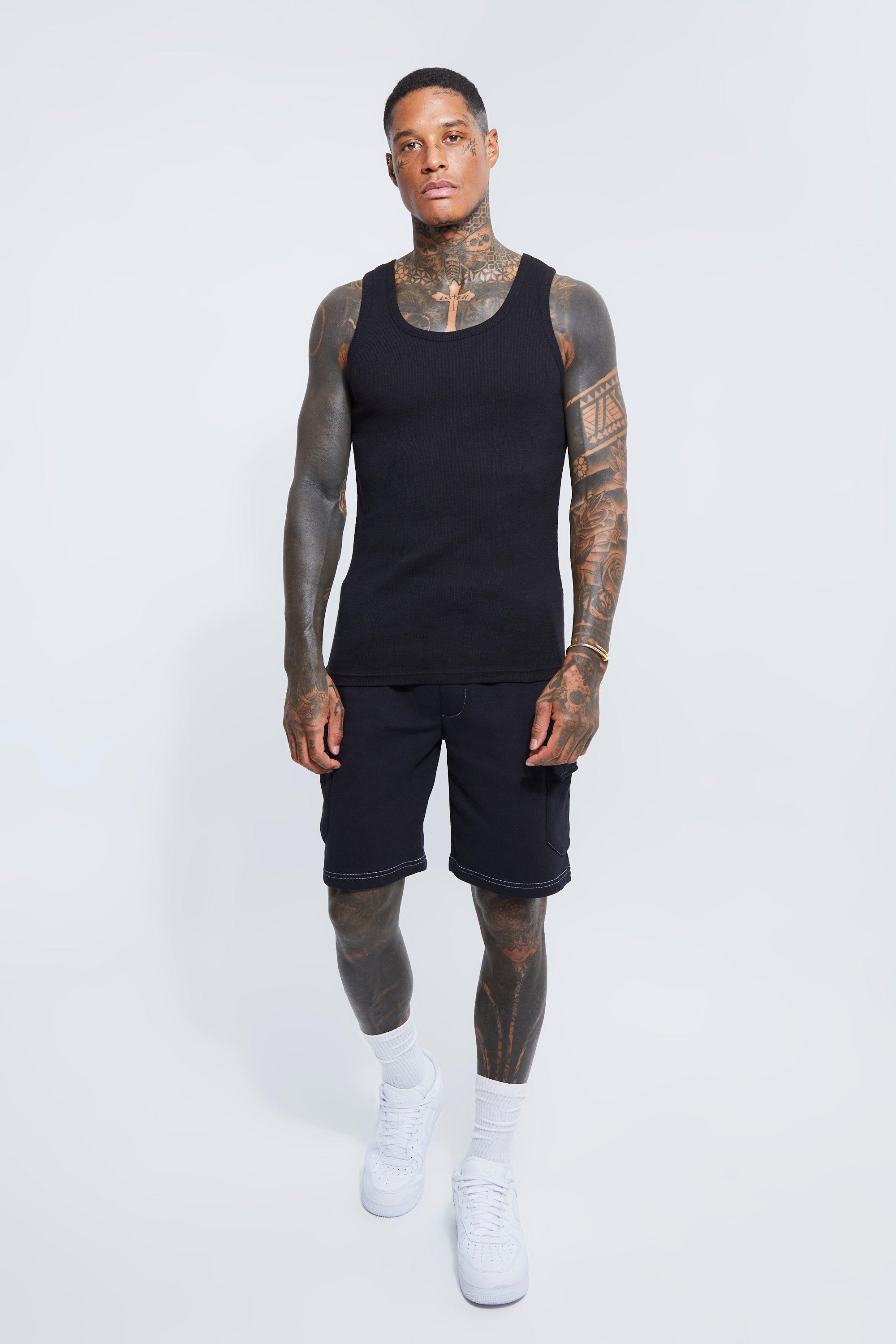 Black Ribbed Jersey Muscle Fit Vest