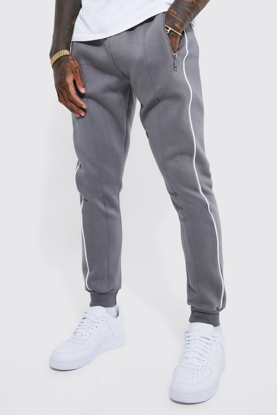 Charcoal Skinny Fit Joggers With Piping image number 1
