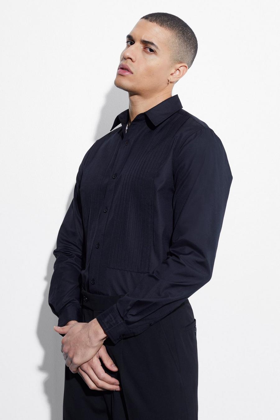 Black Long Sleeve Pleated Formal Shirt image number 1