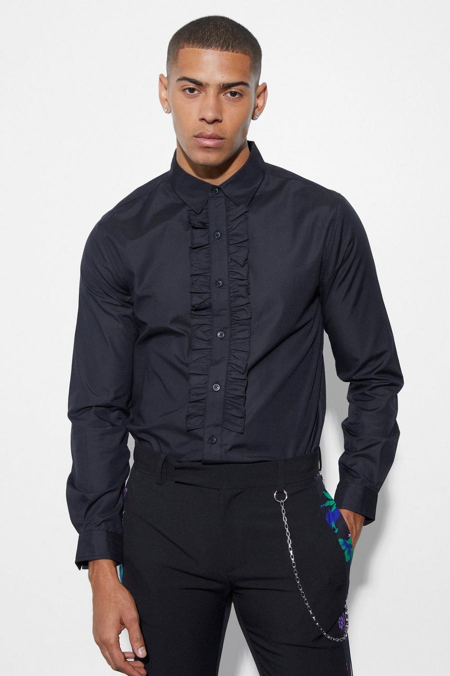 Long Sleeve Ruffle Formal Shirt, Black negro