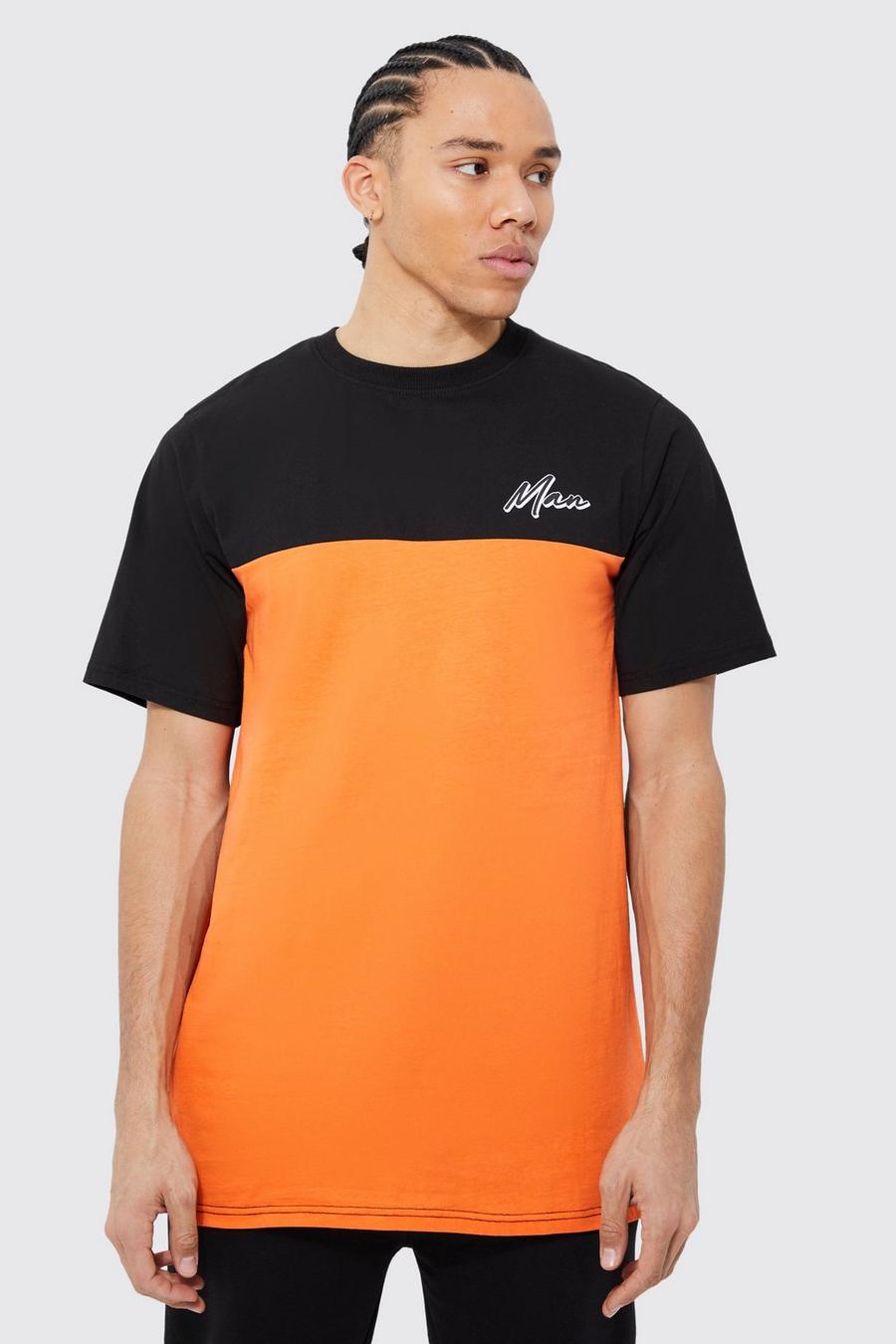 Orange Tall Longline Man Colour Block T-shirt  image number 1